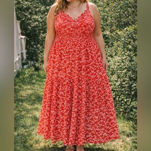 Melloday Nordstrom Red Floral Tiered Maxi Dress Scalloped V-Neck Size XL NWT
